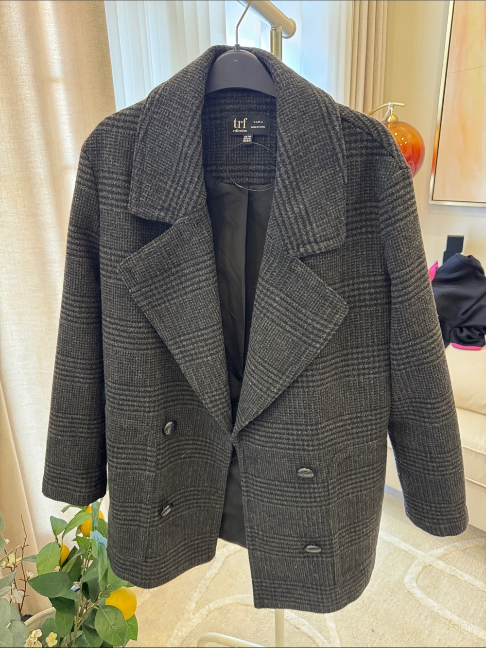 Zara TRF Women's Charcoal Plaid Double-Breasted Wool Blend Coat